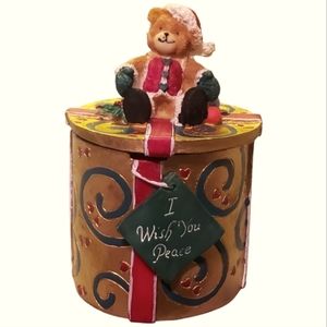 Vtg Santa Teddy Bear/Bow Gold Trinket/Jewelry Box Reversible Lid